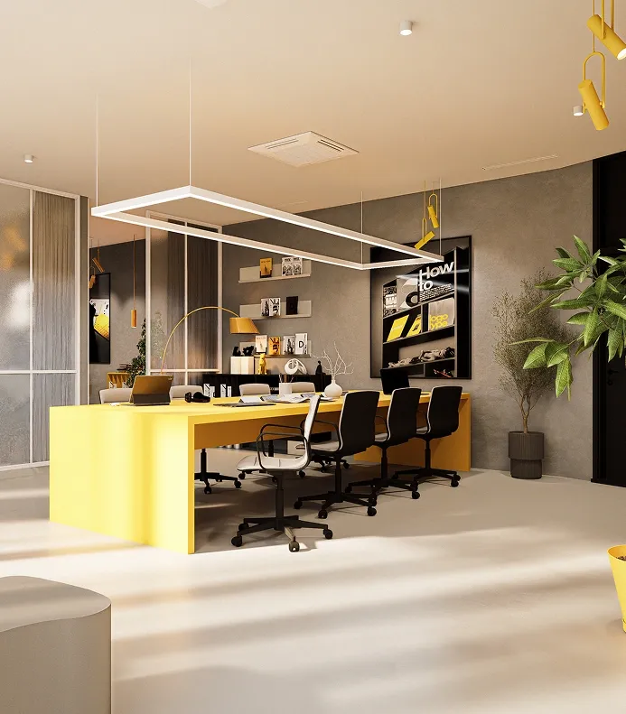 Contemporary meeting room with a large white conference table, yellow chairs, grey walls, mustard curtains, and a wall-mounted TV screen